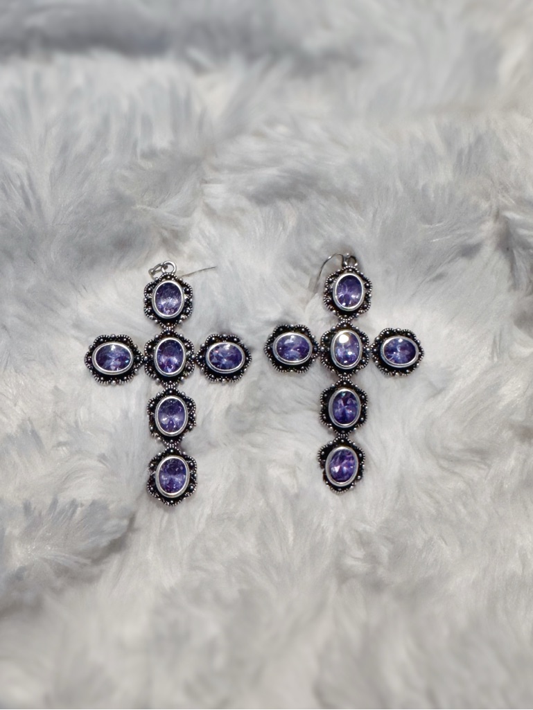 Vanessa Mooney Georgian Gothic Purple Cross Drop Earrings Large